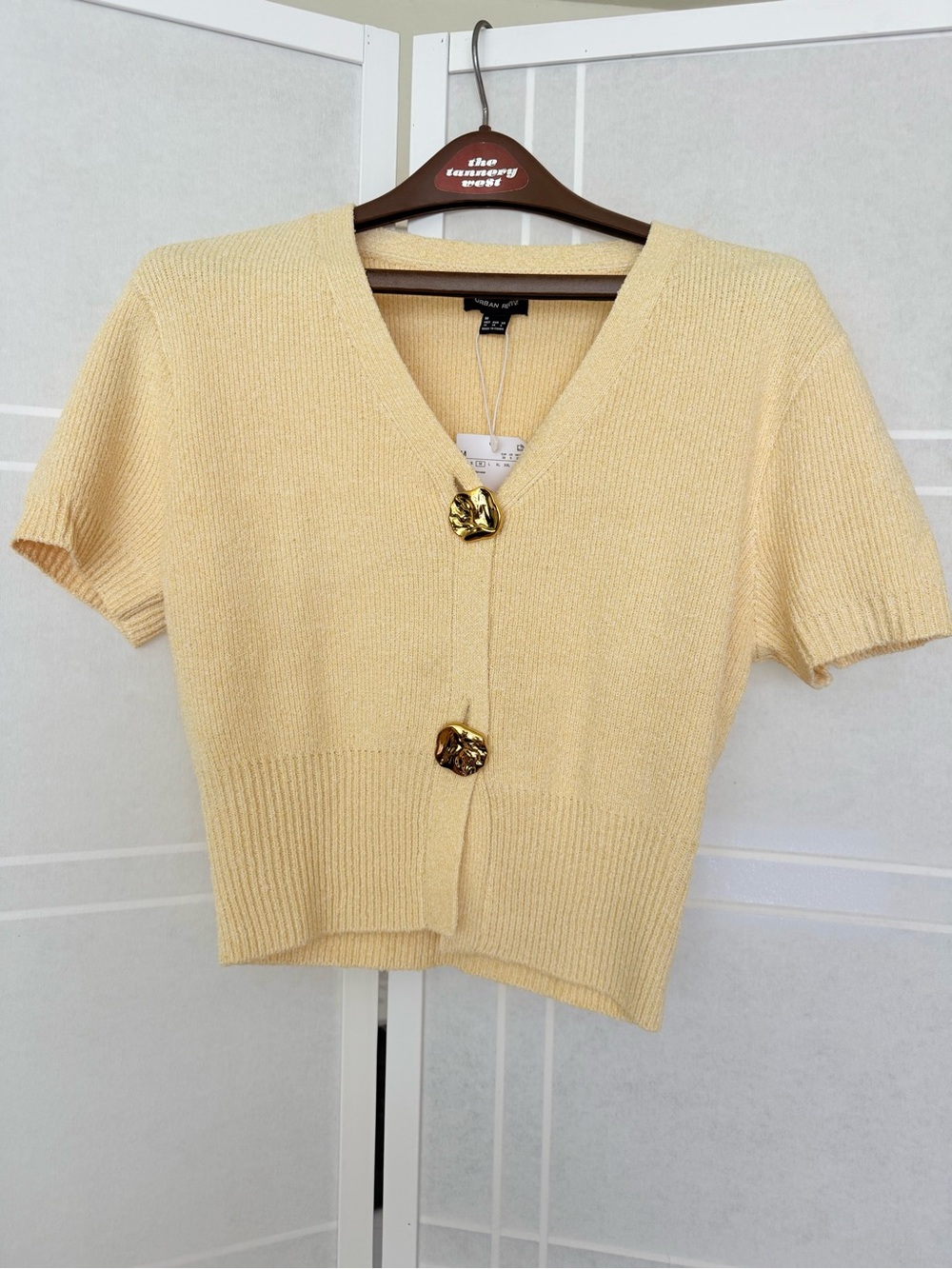 Short-Sleeve Knit Cardigan with Decorative Buttons - Cream